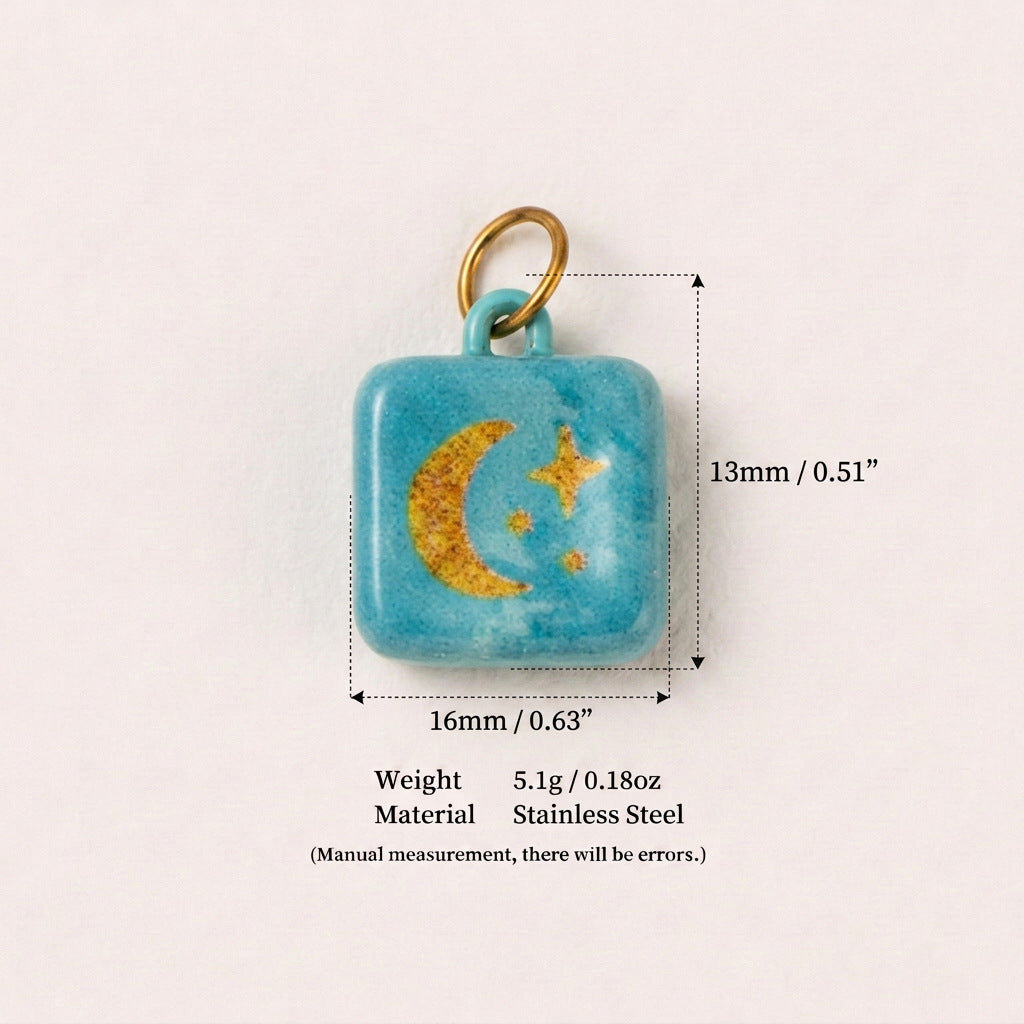 Square turquoise pendant charm with gold crescent moon and star, shown with size measurements.