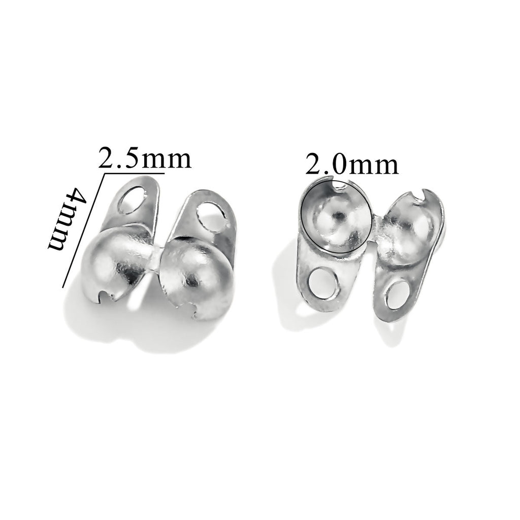 Two silver ball chain connector clasps on white background, one labeled 2.5mm and 4mm, another labeled 2.0mm