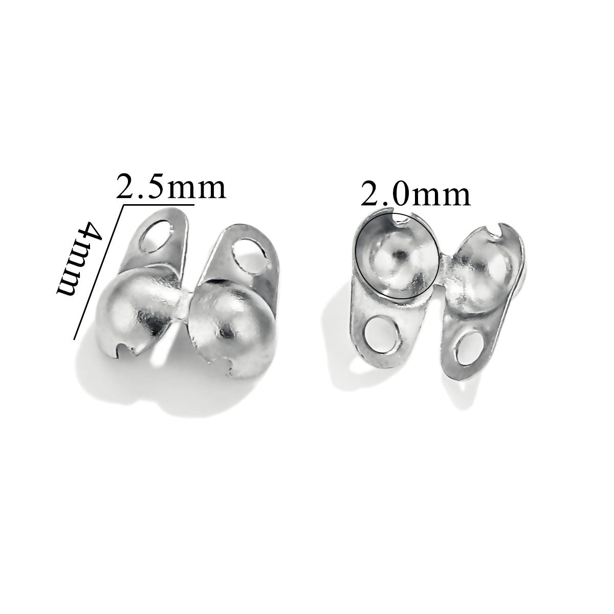 Two silver ball chain connector clasps on white background, one labeled 2.5mm and 4mm, another labeled 2.0mm
