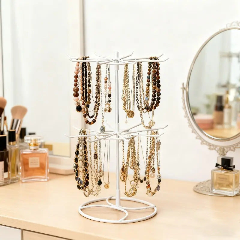 Rotating Double-Tier Metal Jewelry Display Stand – Wrought Iron Necklace & Bracelet Organizer for Desktop Storage, Craft Fairs & Boutique Displays