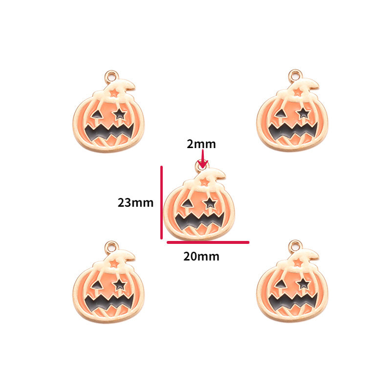 Five pumpkin-shaped jewelry charms in a rose gold finish, arranged around a central one with red dimension lines and labels showing 23mm height, 20mm width, and 2mm top loop spacing, on a plain white background.