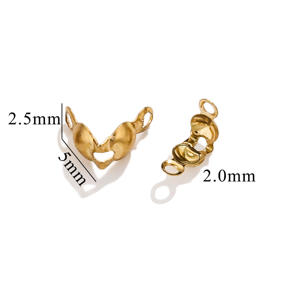 Two gold-toned ball chain connector clasps on white background, one labeled 2.5mm by 5mm and one labeled 2.0mm