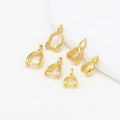 Five small gold-plated pinch bail pendant clasps with attached loops on a clean white background