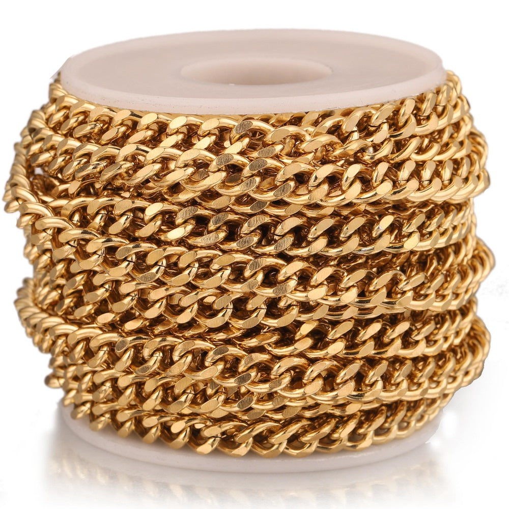 Gold-plated stainless steel NK Cuban curb chain wound on a large spool