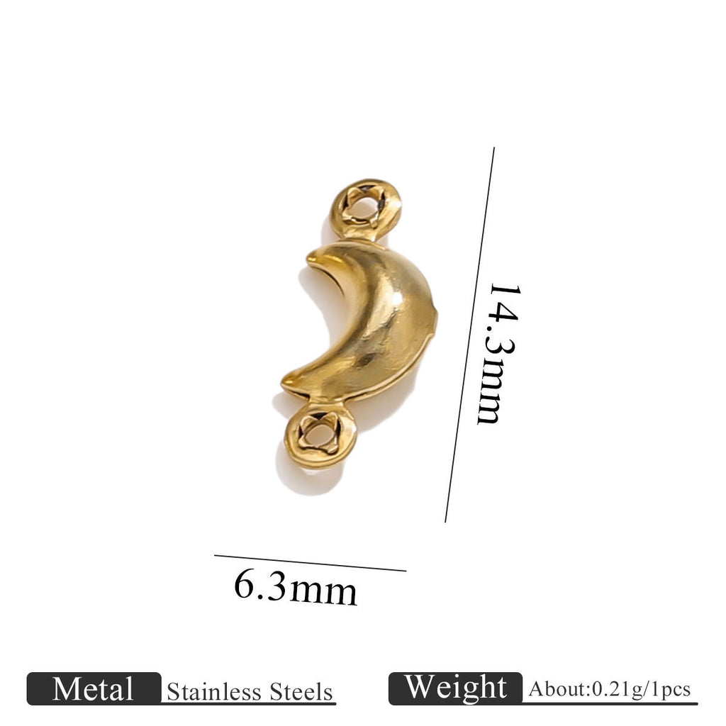 Gold-plated stainless steel double-hole hollow crescent moon connector charm with size dimensions on white background