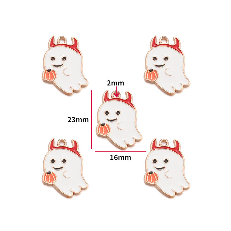 Five white ghost charms with red horns and orange pumpkins, shown on a white background with red dimension lines and text indicating 23mm height, 16mm width, and 2mm detail.