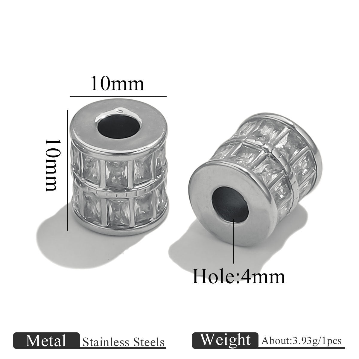Two silver cylindrical spacer beads with clear rhinestone-like accents, shown on a white background with dimension labels reading 10mm width and 10mm height, plus a note that the center hole is 4mm. Text at the bottom states metal stainless steels and weight about 3.