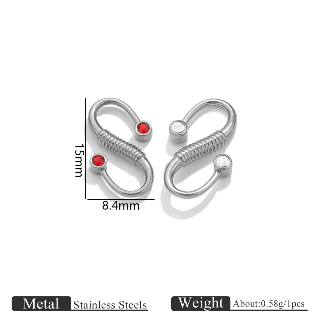 Two silver stainless steel S-hook clasps with red and white stones, 15mm by 8.4mm dimensions