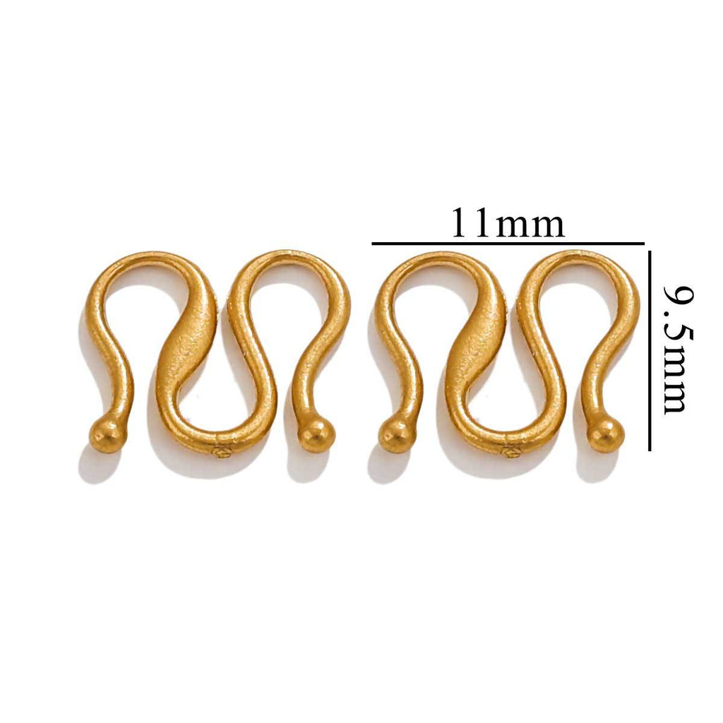 Four gold S-shaped hook clasps with ball tips, 11mm by 9.5mm measurements, white background.