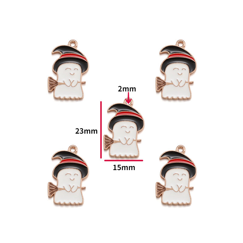 Five ghost-shaped witch charms with a rose gold-tone outline, white bodies, and black hats with red stripes, shown on a white background with dimension labels indicating 23mm height, 15mm width, and 2mm top loop.