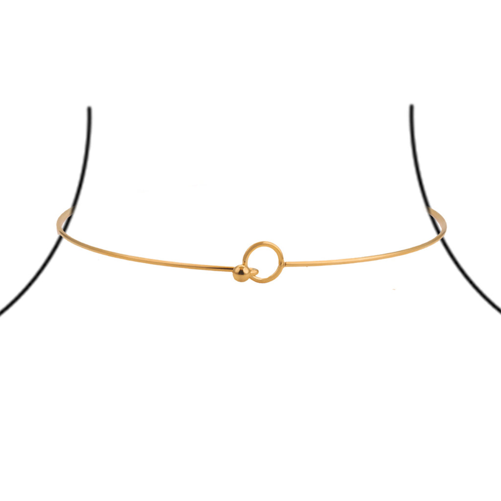 Gold stainless steel thin wire rigid choker with circular loop clasp on white background
