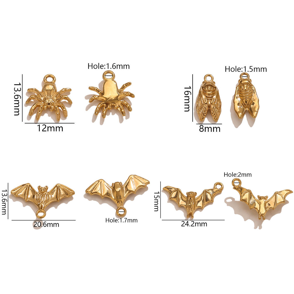 18K Gold-Plated Stainless Steel Animal Pendant Charms – Bat, Spider & Owl