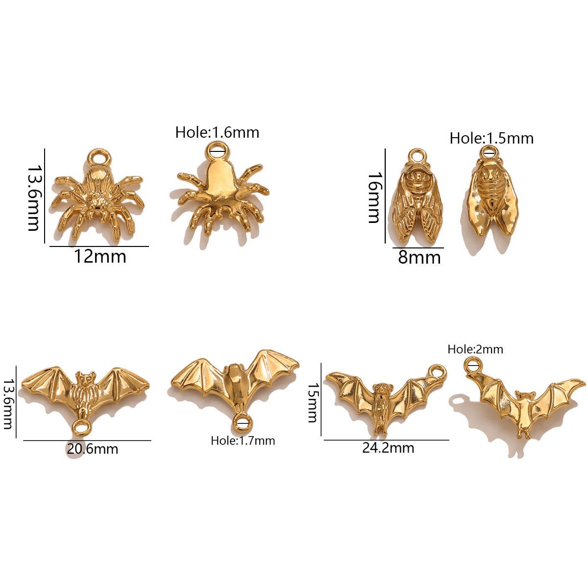 18K Gold-Plated Stainless Steel Animal Pendant Charms – Bat, Spider & Owl
