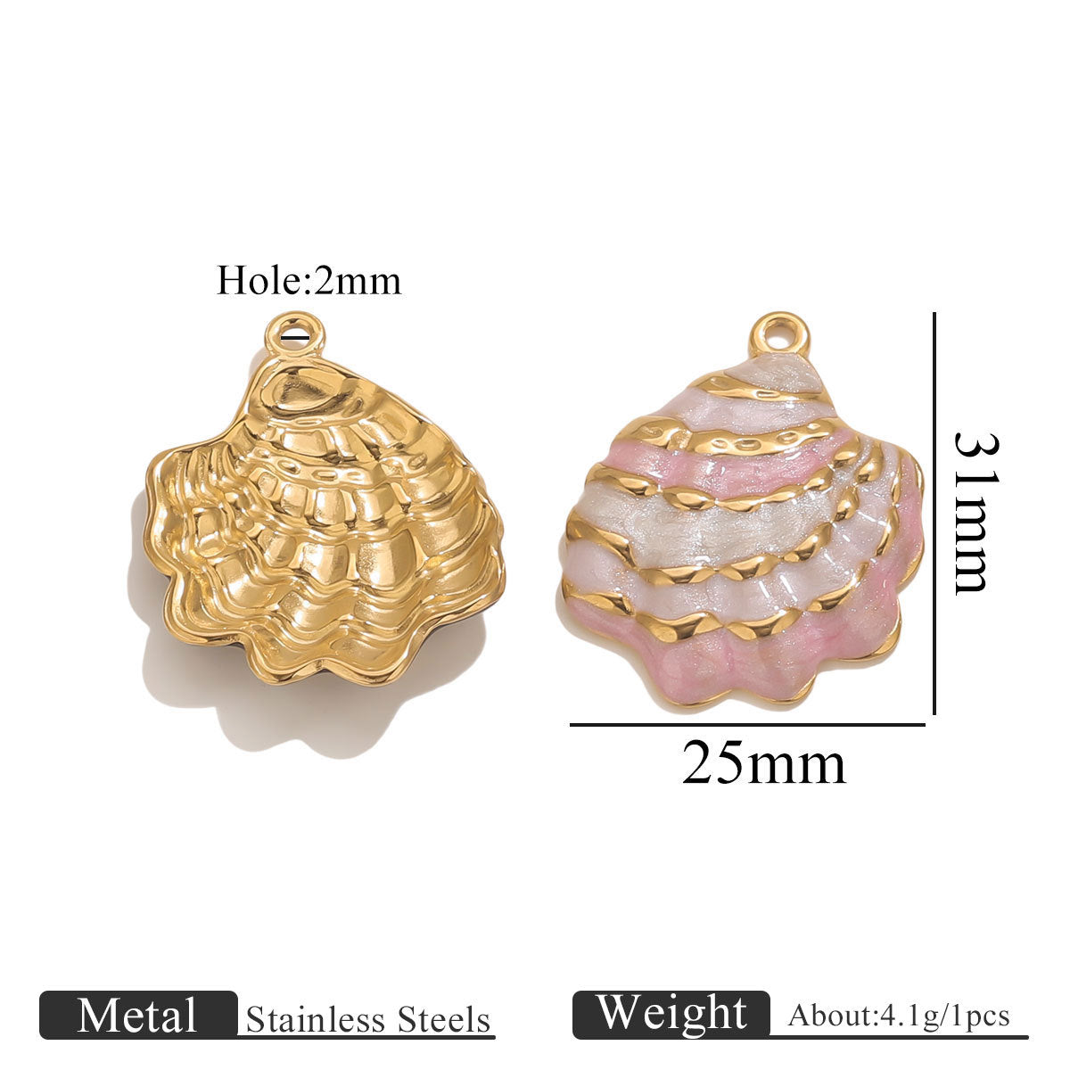 18K Gold-Plated Stainless Steel Enamel Seashell Pendant Charm 2pcs