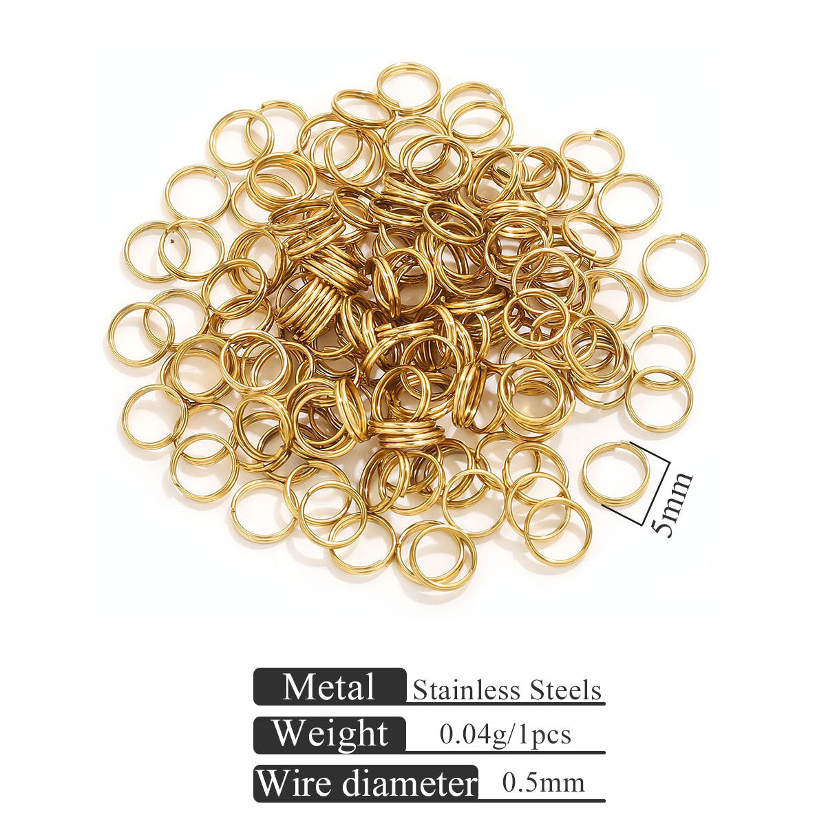 Small gold-colored stainless steel jump rings on white with 5mm size indicator