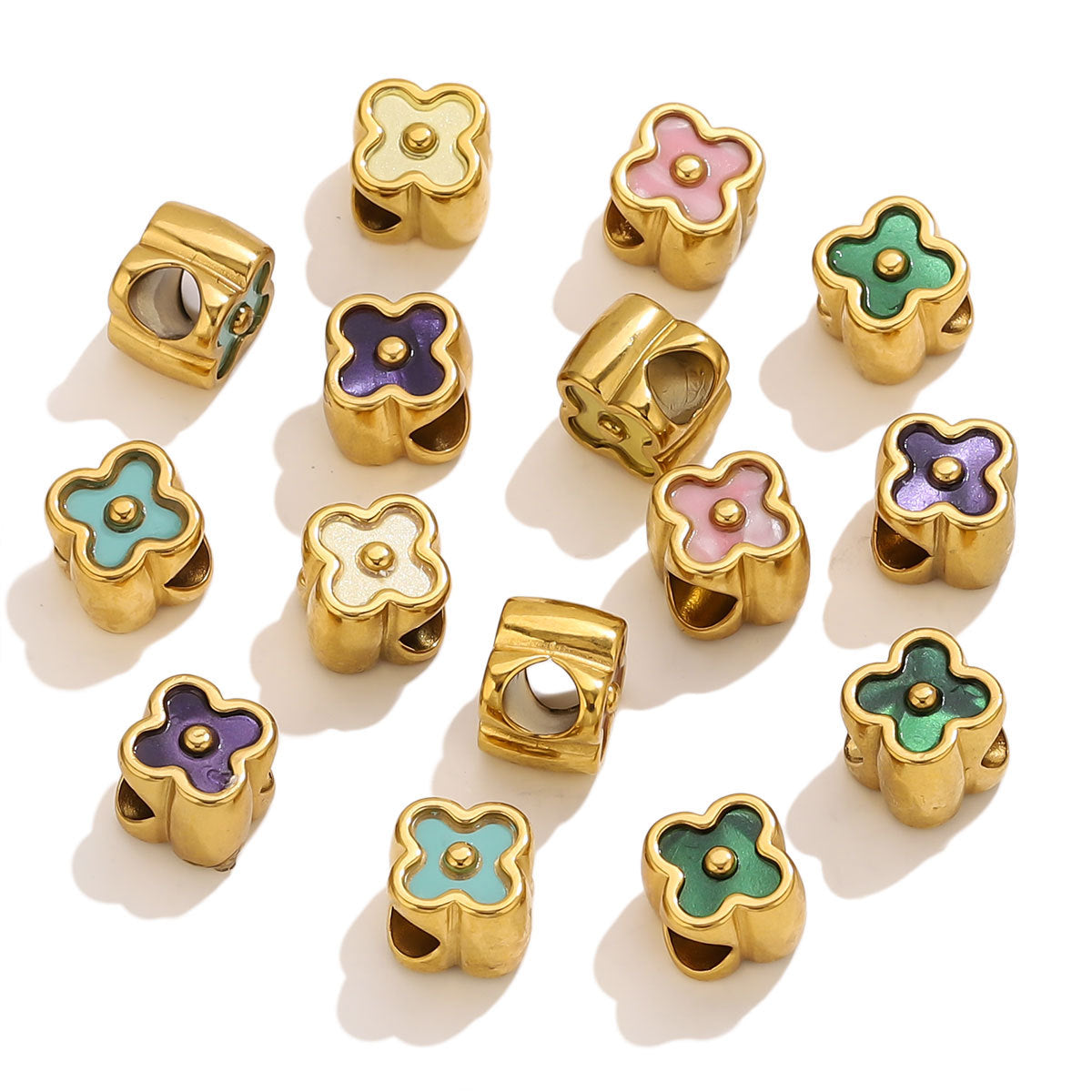 18K Gold-Plated Stainless Steel Four-Leaf Clover Large-Hole Spacer Beads 5pcs
