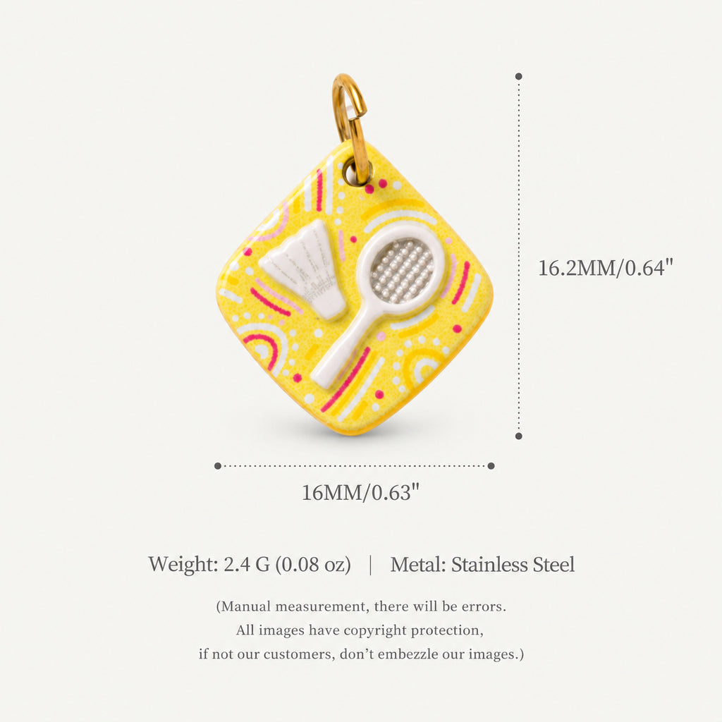 Yellow square pendant charm with badminton shuttlecock and racket, shown with size measurements.