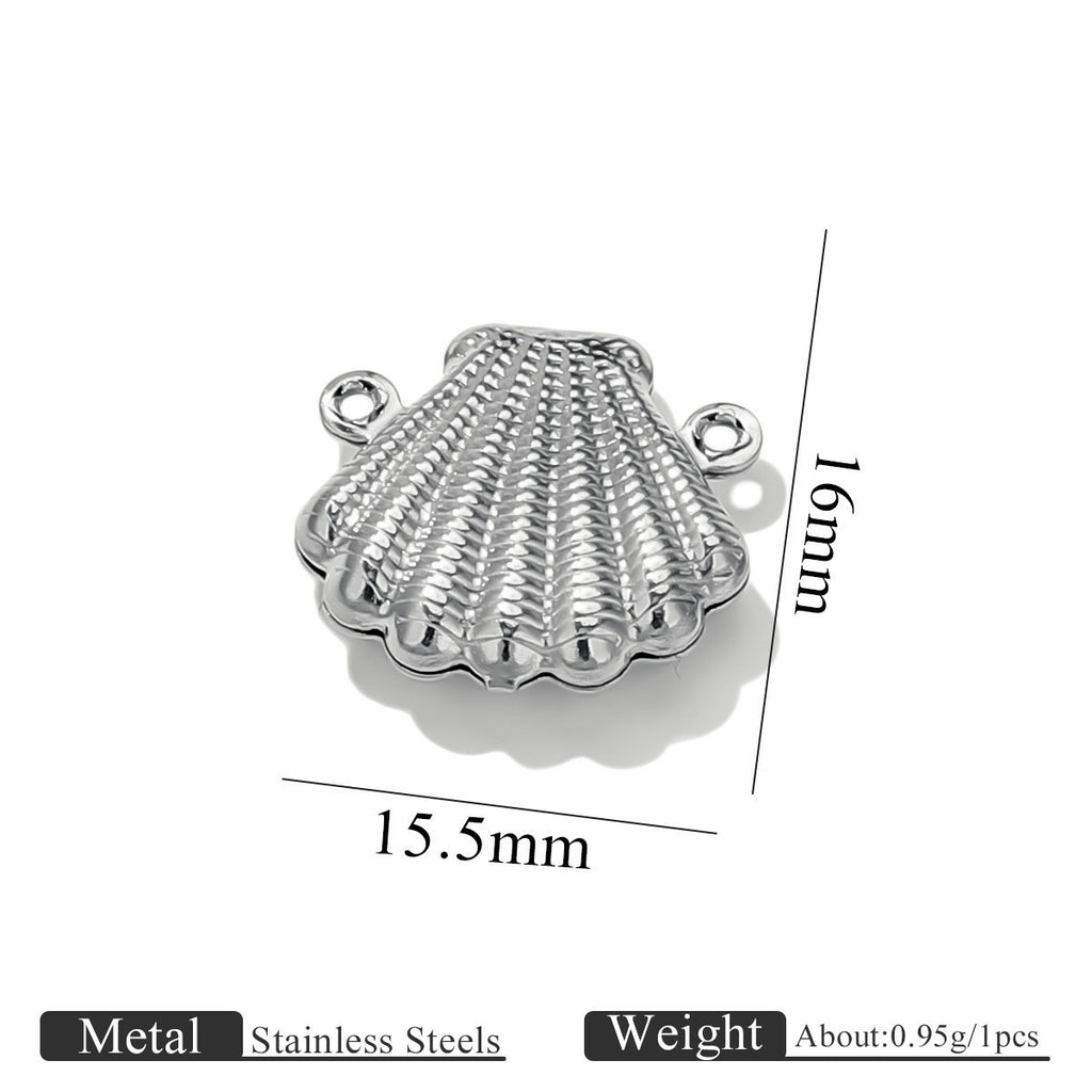 Stainless steel double-hole hollow shell connector charm with size dimensions on white background