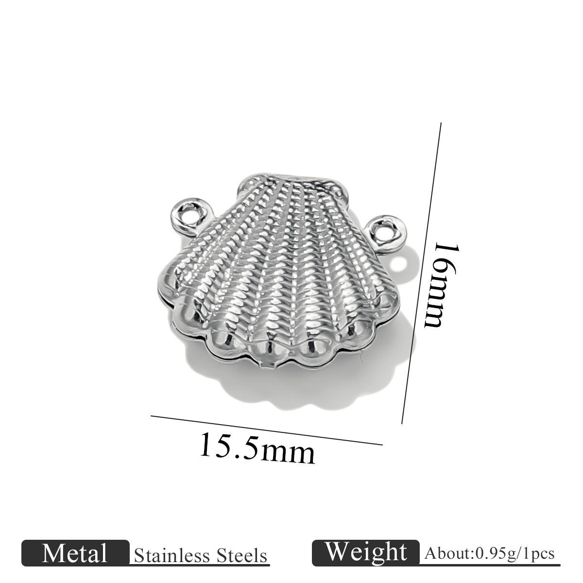 Stainless steel double-hole hollow shell connector charm with size dimensions on white background