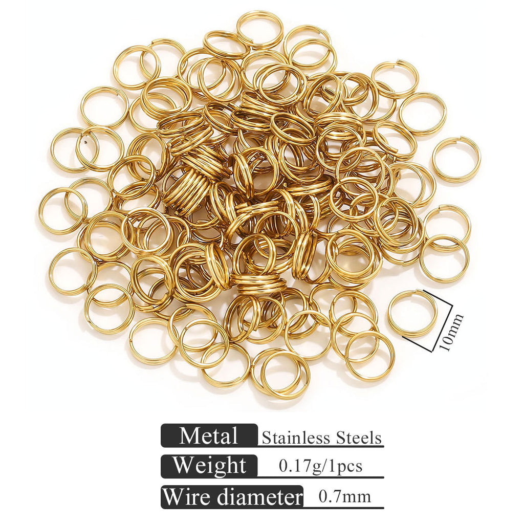 Small gold-toned stainless steel jump rings on white with specification text