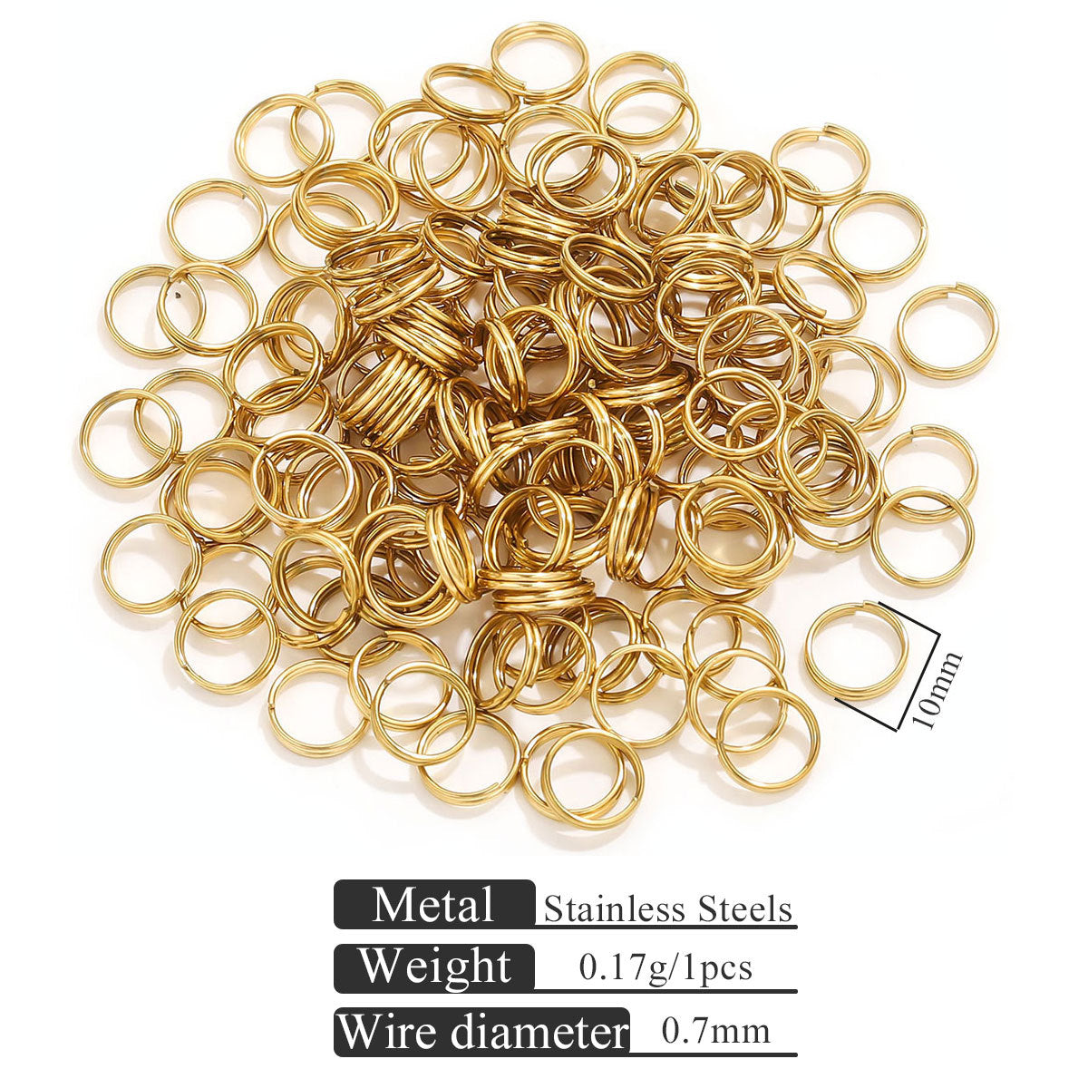 Small gold-toned stainless steel jump rings on white with specification text