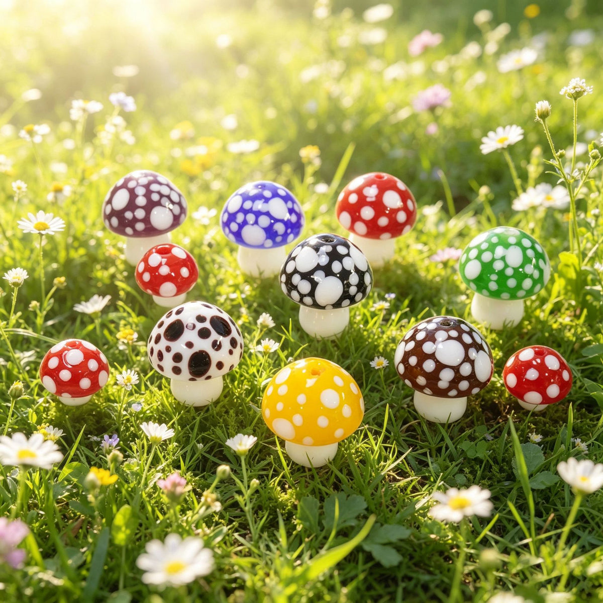 Colorful mushroom-shaped glass beads with white spots on a grassy lawn with daisies