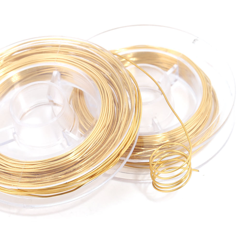 Two clear plastic spools wound with fine metallic gold wire, shown on a clean white background.