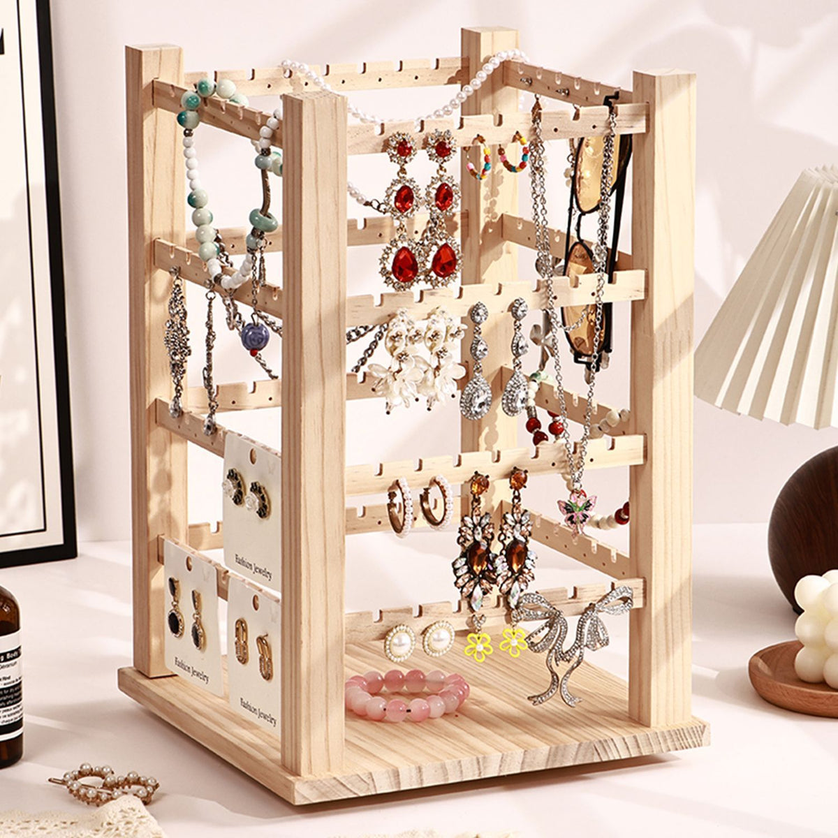 Vintage Walnut-Color Wooden Jewelry Display Rack – Four-Sided Multi-Tier Jewelry Organizer for Earrings, Bracelets & Retail Displays