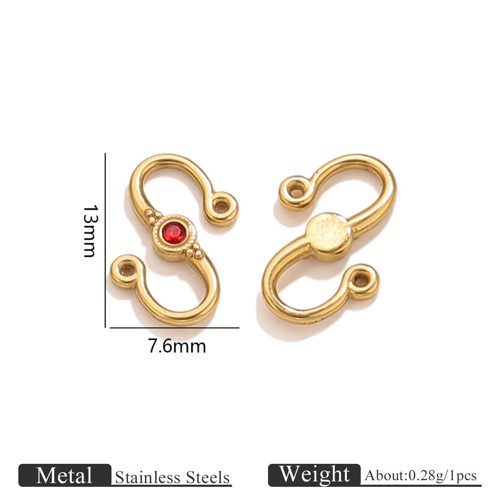 Two gold stainless steel S-hook clasps with red stone, front and back views with 13mm by 7.6mm dimensions