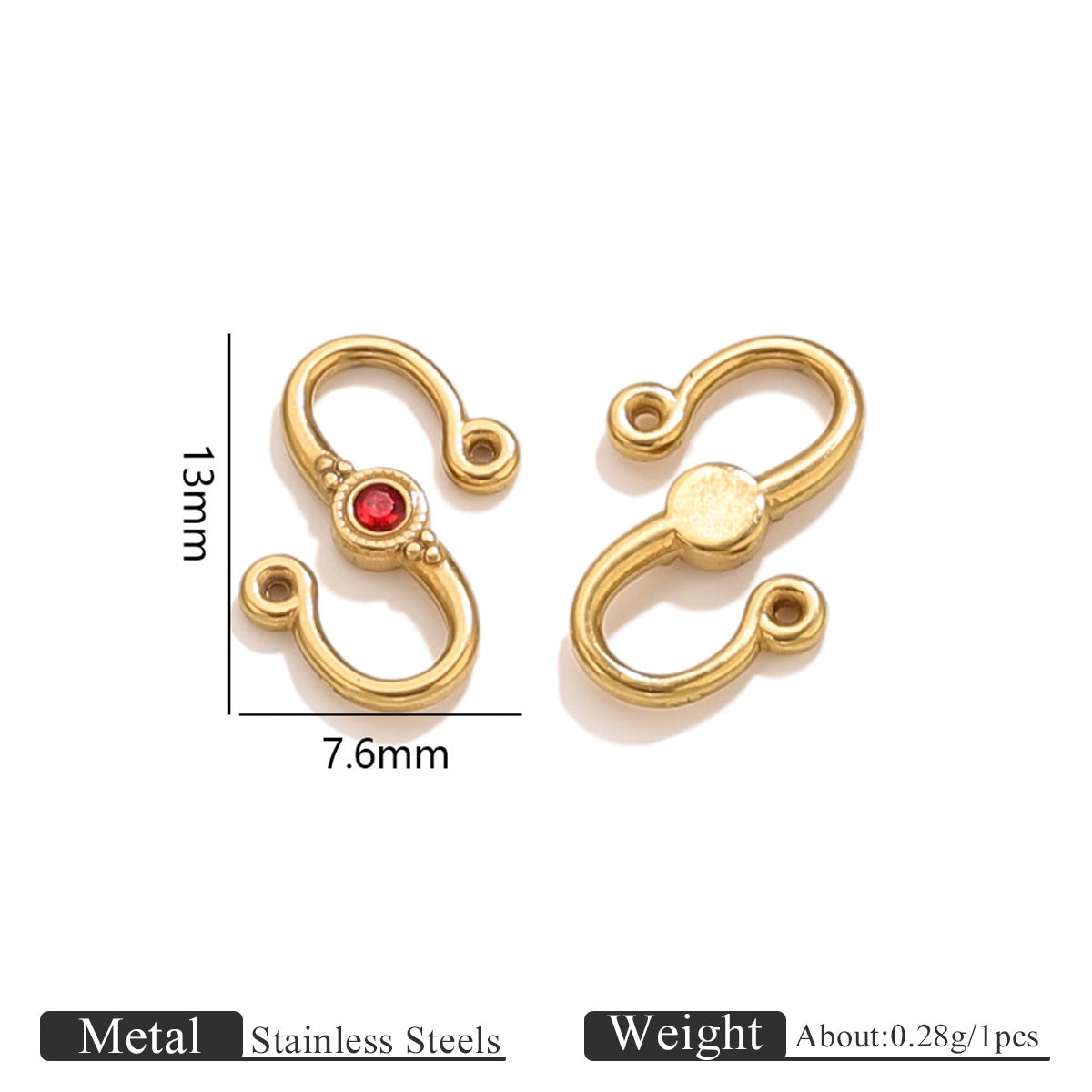 Two gold stainless steel S-hook clasps with red stone, front and back views with 13mm by 7.6mm dimensions