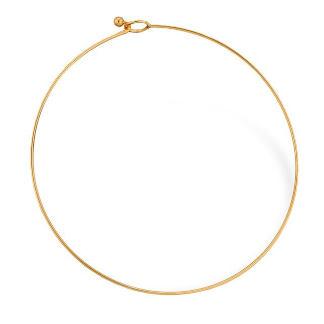 Gold stainless steel rigid choker necklace, thin circular wire neck ring with loop clasp, white background
