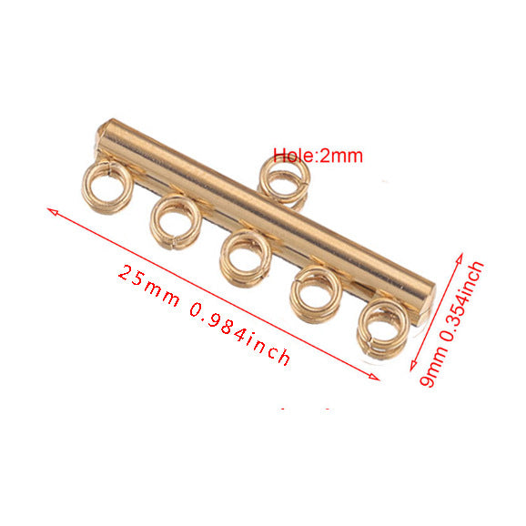Gold connector bar with five rings, technical diagram showing 25mm length, 9mm height, 2mm hole