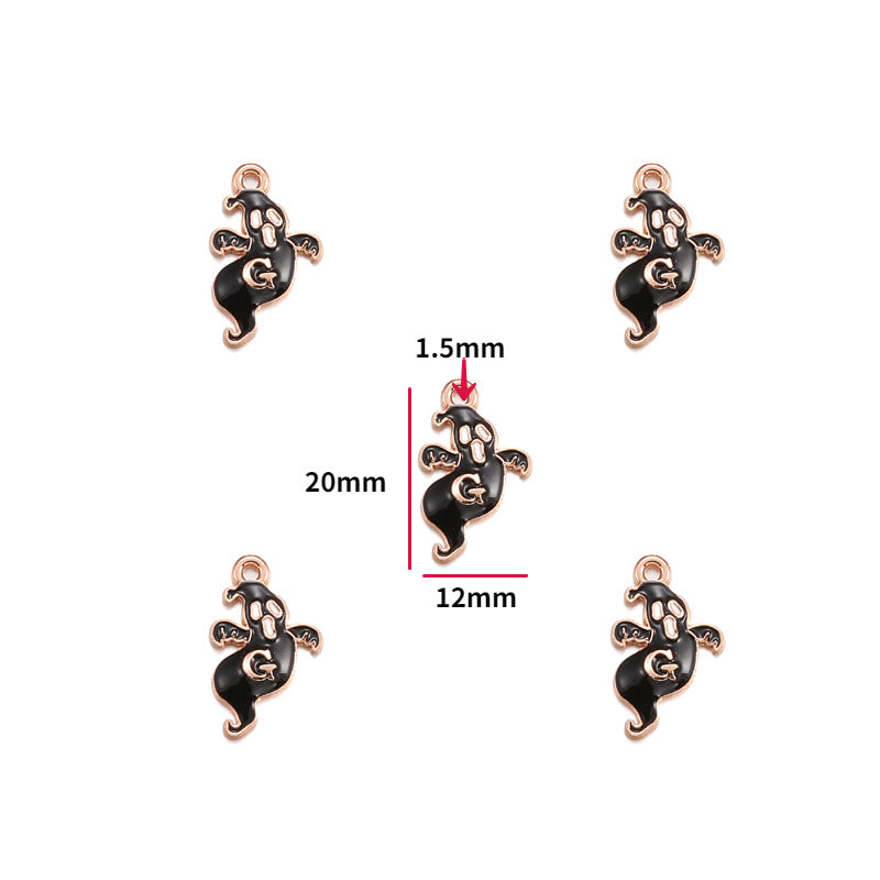 Five black and rose gold ghost charms arranged on a white background, with red dimension lines and text showing measurements of 20mm, 12mm, and 1.5mm.