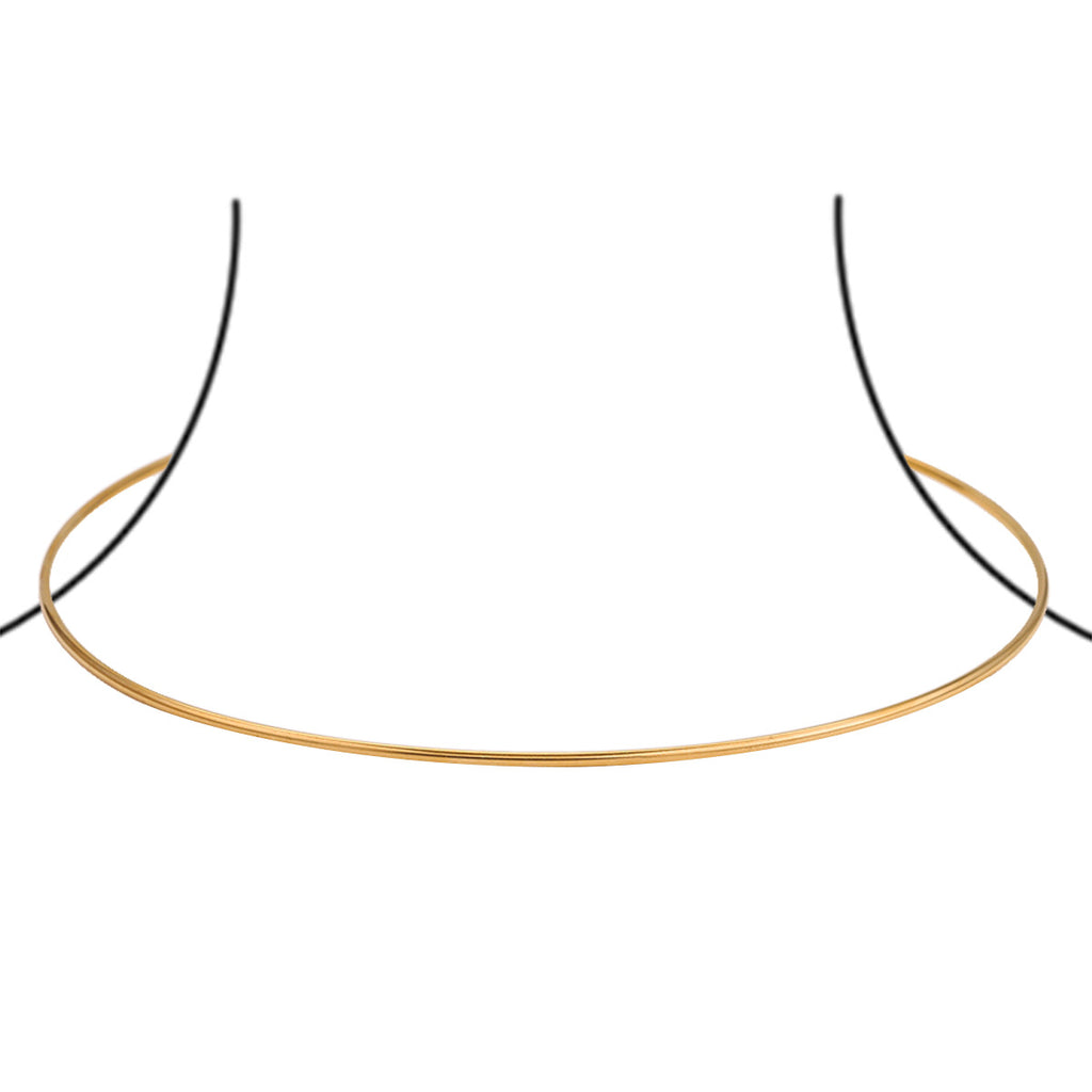 Gold stainless steel thin rigid choker necklace, circular neck ring on white background