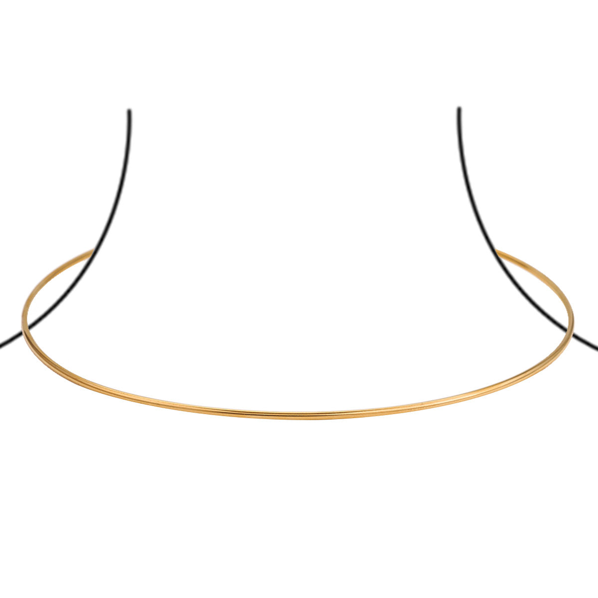 Gold stainless steel thin rigid choker necklace, circular neck ring on white background