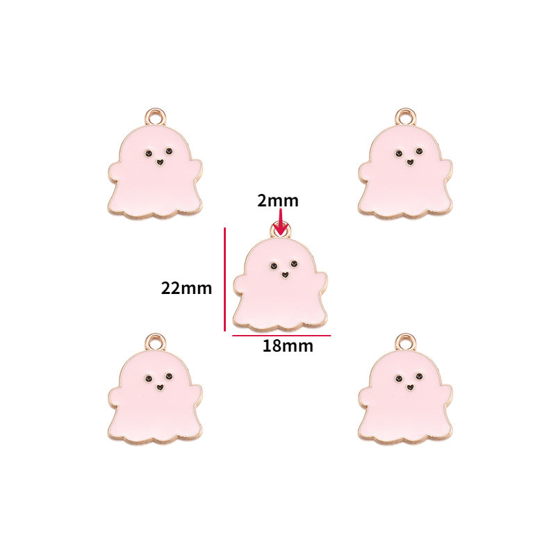 Five pink ghost-shaped jewelry charms with gold-tone edges and loops, arranged on a white background with red dimension lines and labels showing 22mm height and 18mm width.