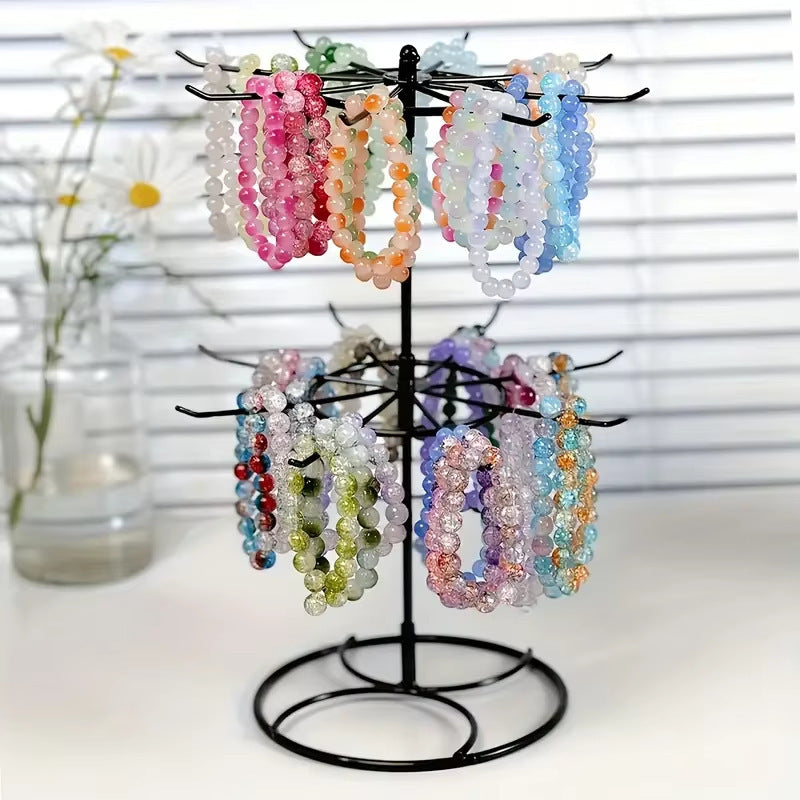 Rotating Double-Tier Metal Jewelry Display Stand – Wrought Iron Necklace & Bracelet Organizer for Desktop Storage, Craft Fairs & Boutique Displays