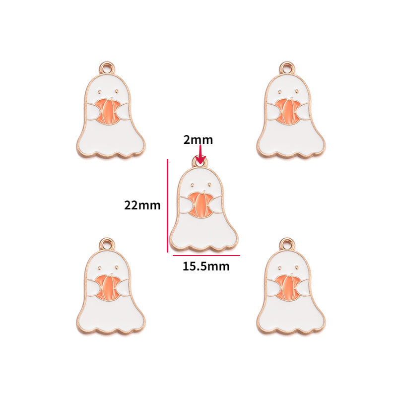 Five ghost-shaped jewelry charms with white enamel, rose gold metal borders, and orange accents, shown on a white background with one central charm annotated with dimensions 22mm, 15.5mm, and 2mm.