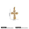 Gold cross pendant with clear stones and dimension lines showing 38.8mm height and 24mm width