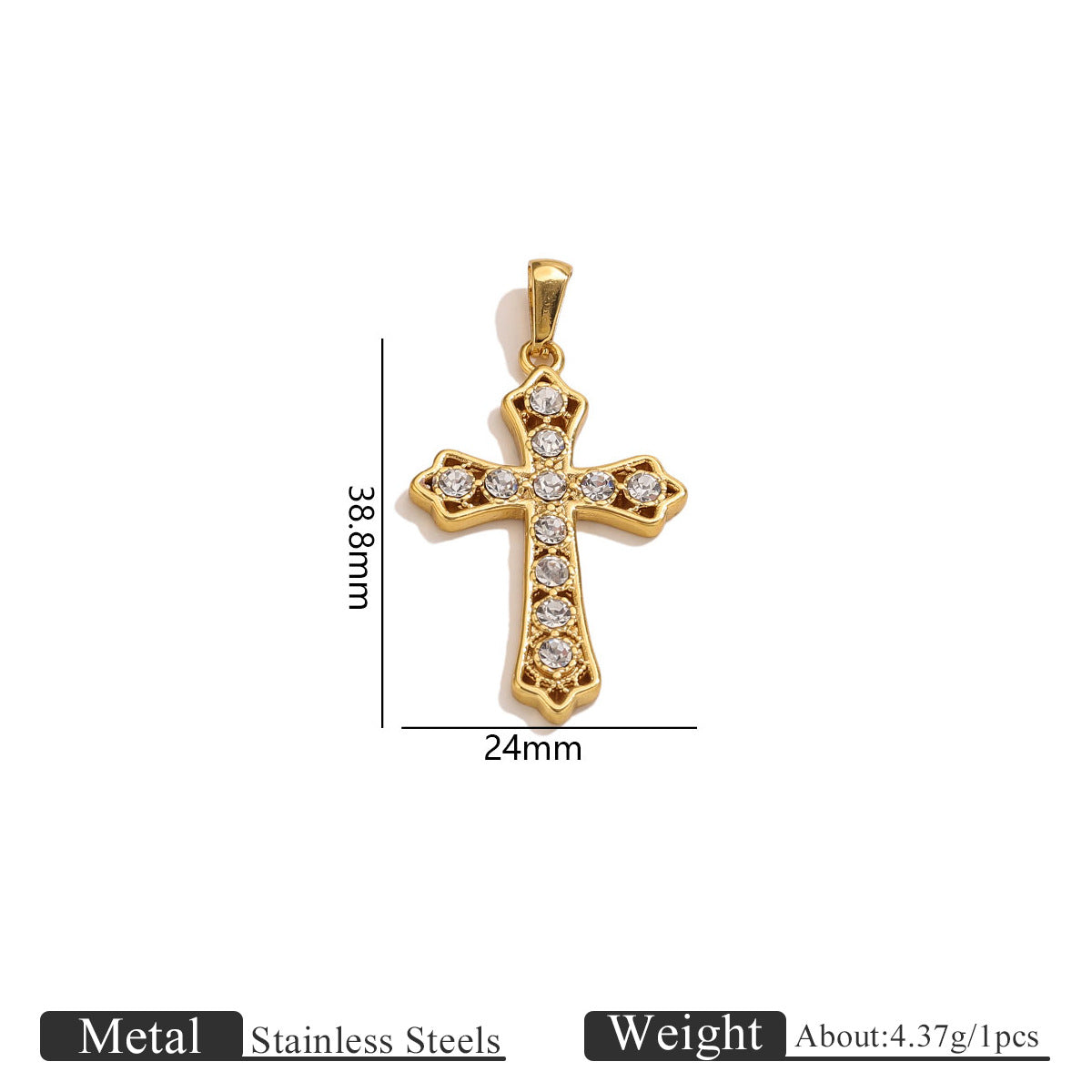 Gold cross pendant with clear stones and dimension lines showing 38.8mm height and 24mm width