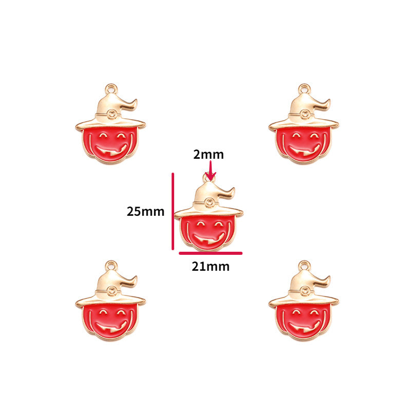 Five small witch-hat pumpkin charms are shown on a white background, with one centered charm annotated with dimensions: 25mm tall and 21mm wide, plus a 2mm tip measurement. The charms have red pumpkin faces and gold-toned hats with loops.