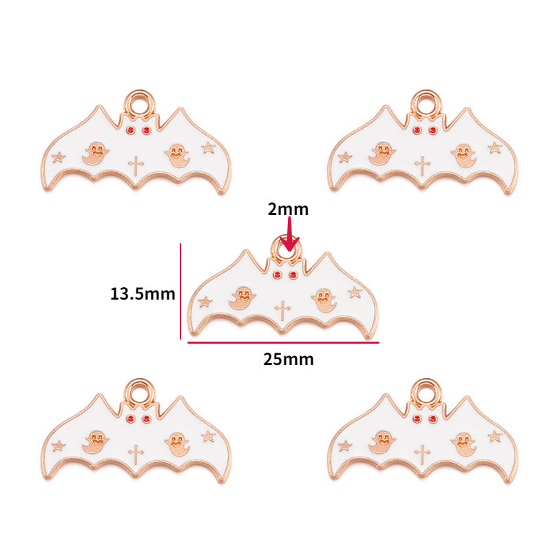 Five white enamel bat charms with rose gold borders and red accents, 13.5mm