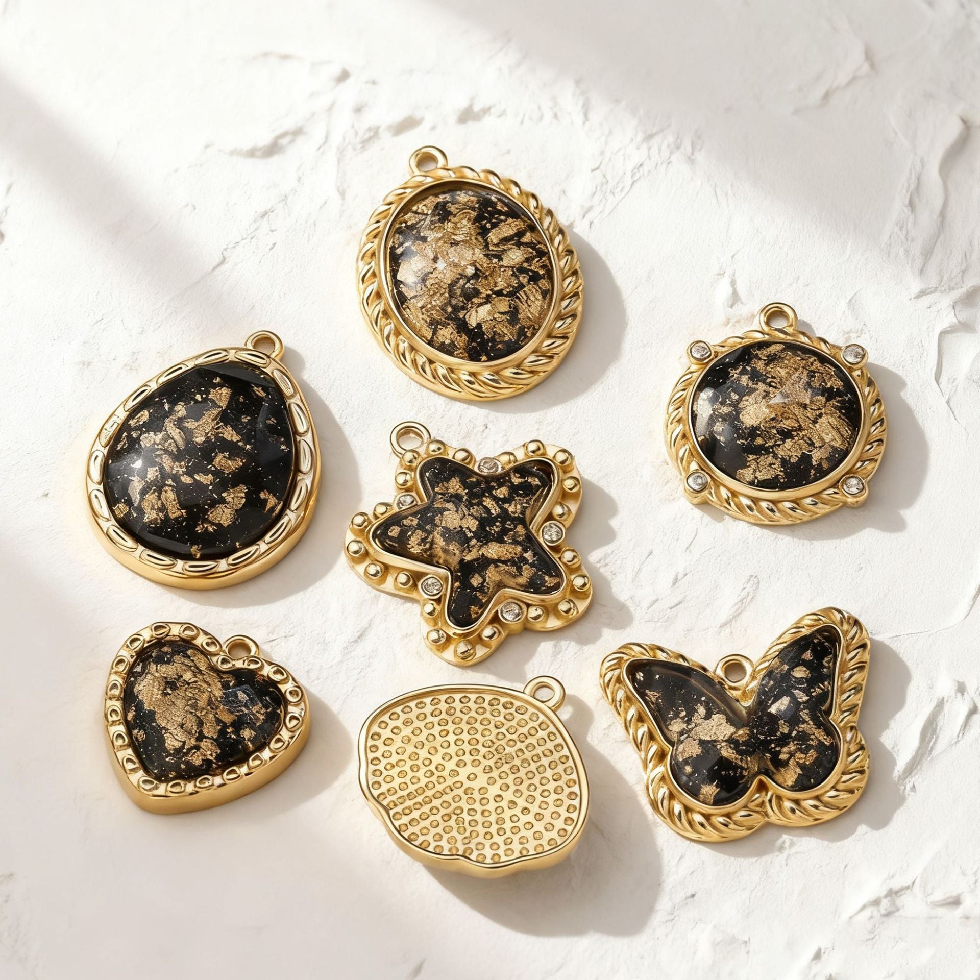 Vintage Black and Gold Foil Stainless Steel Pendant Charms – Butterfly, Star & Heart