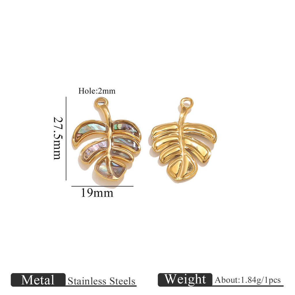 Gold leaf-shaped pendants with measurements on a white background