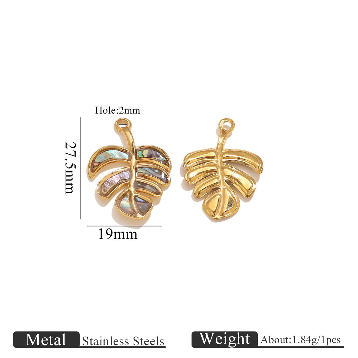 Gold leaf-shaped pendants with measurements on a white background