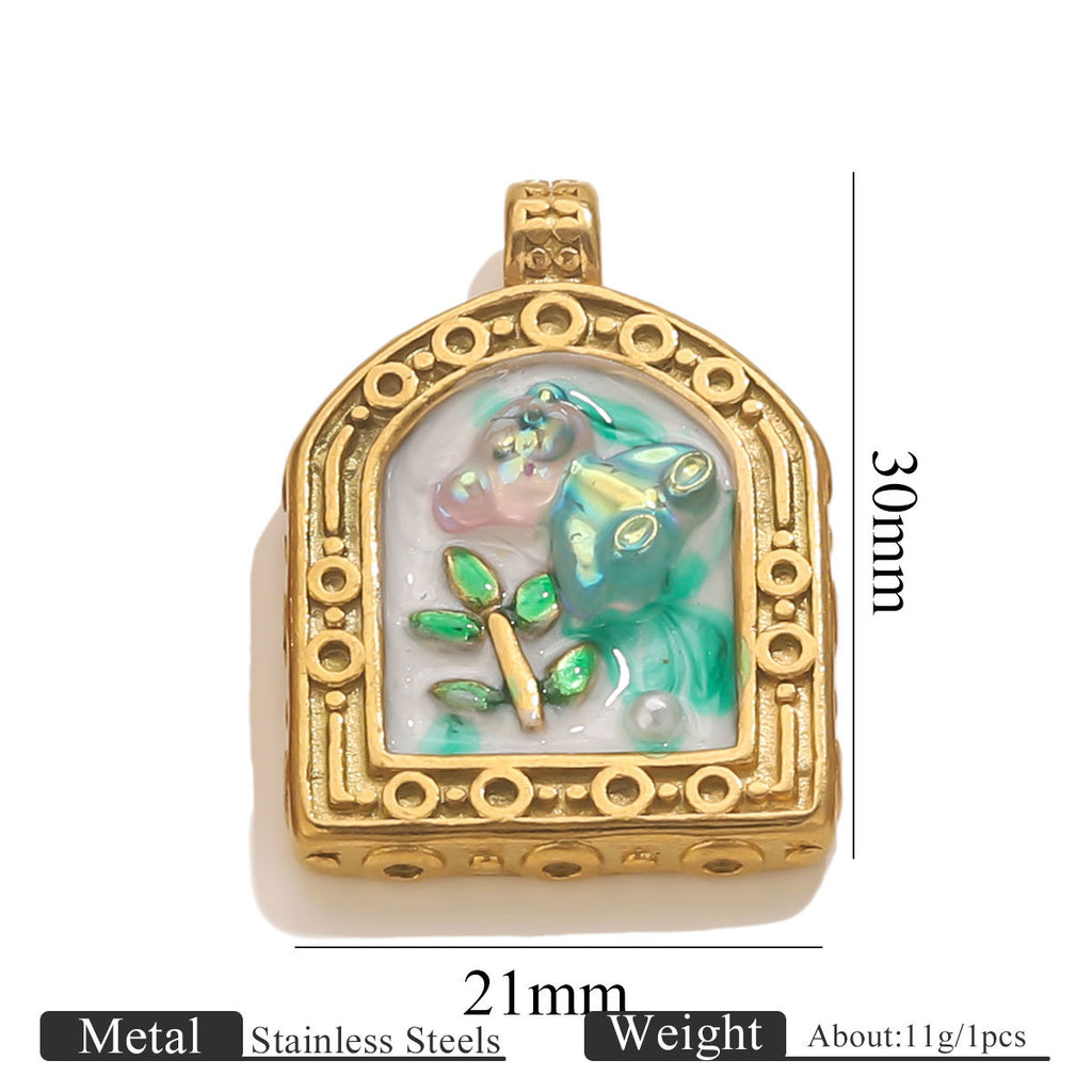 Stainless Steel Enamel Floral Faux Pearl Pendant Charm