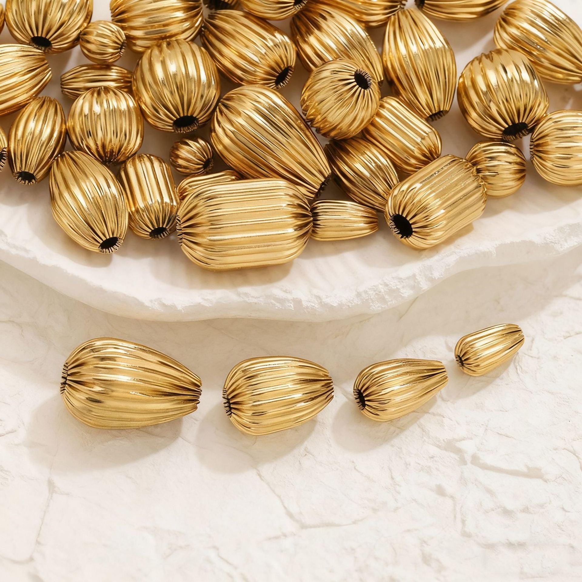 18K Gold-Plated Stainless Steel Ribbed Teardrop Spacer Beads 10pcs