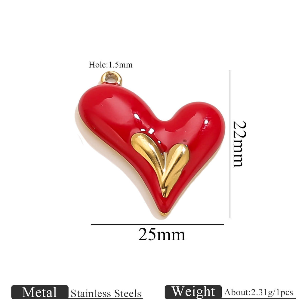 Stainless Steel Irregular Red Enamel Heart Pendant Charm