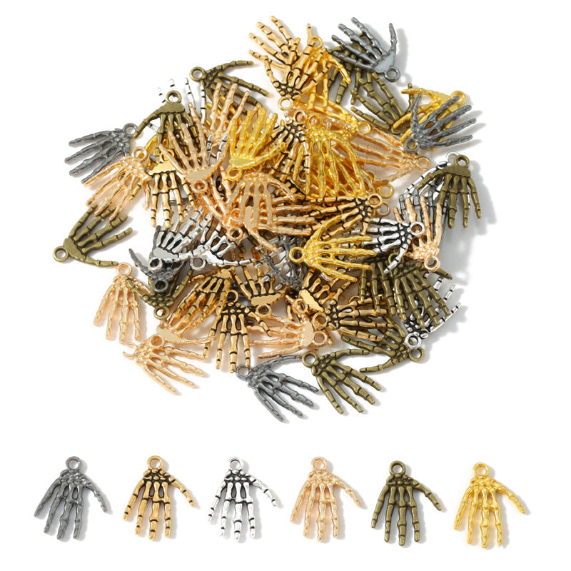 A pile of small skeleton hand charms in metallic gold, silver, bronze, and pale peach tones on a white background, with six smaller preview thumbnails along the bottom showing the same designs.