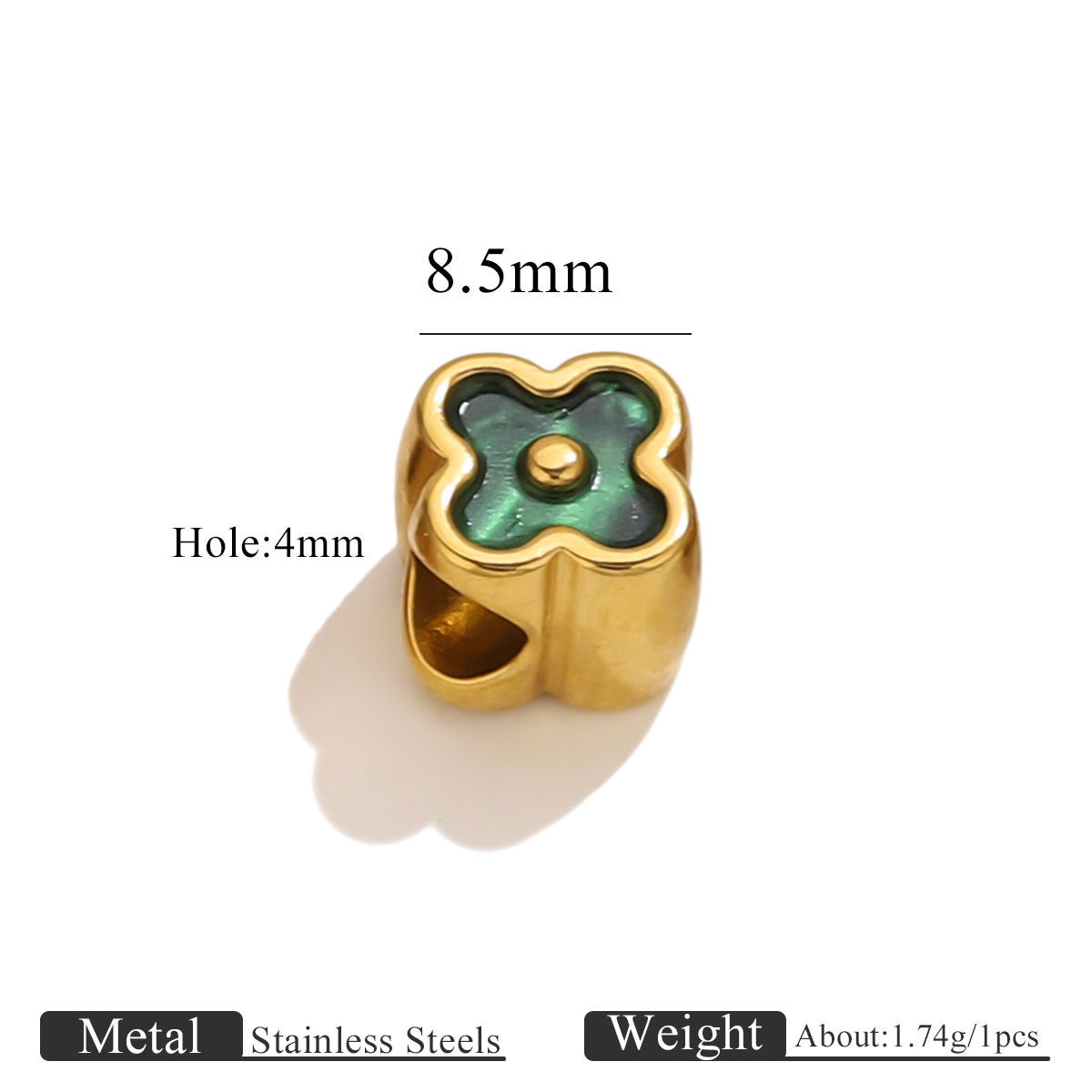 18K Gold-Plated Stainless Steel Four-Leaf Clover Large-Hole Spacer Beads 5pcs